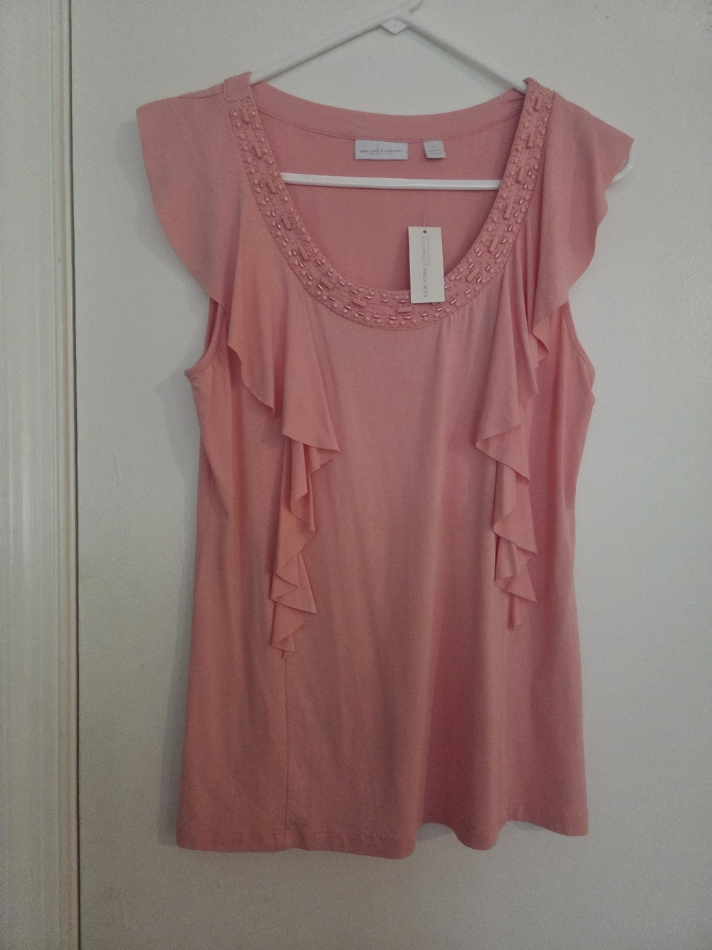 Beaded Scoop Neck Ruffle Cap-Sleeve Top - Pink
